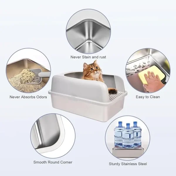 Stainless Steel Cat Litter Box with Lid, High Sides, Mat & Scoop - Image 2