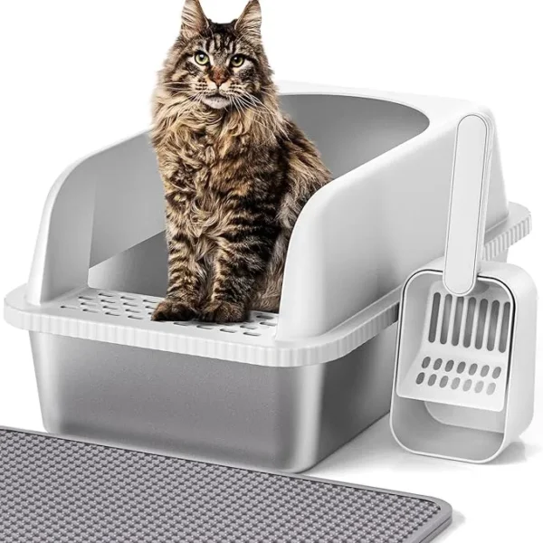 Stainless Steel Cat Litter Box with Lid, High Sides, Mat & Scoop